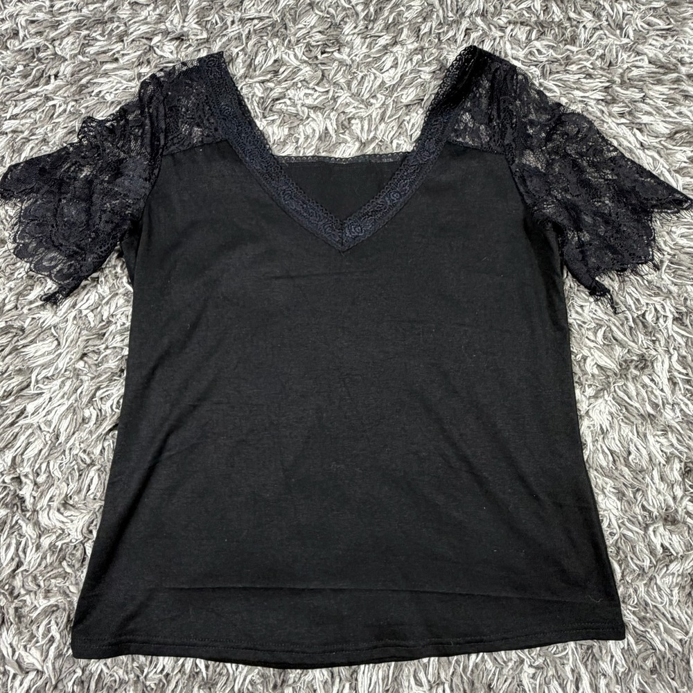 Black Lace Short Sleeve V-Neck Cotton Blend Top Women's Size M